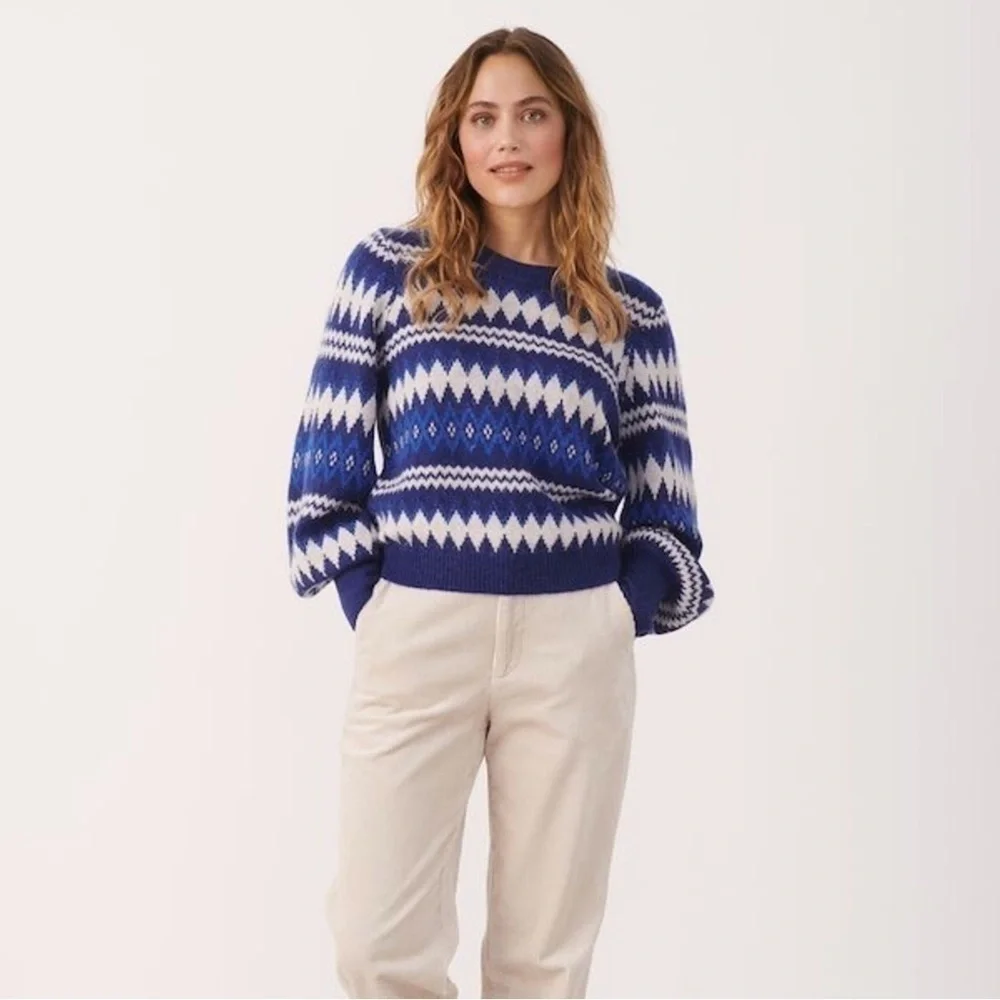 NWT Part Two Medium Alpaca Wool Blend Sweater Blue Knit Jacquard Fair Isle